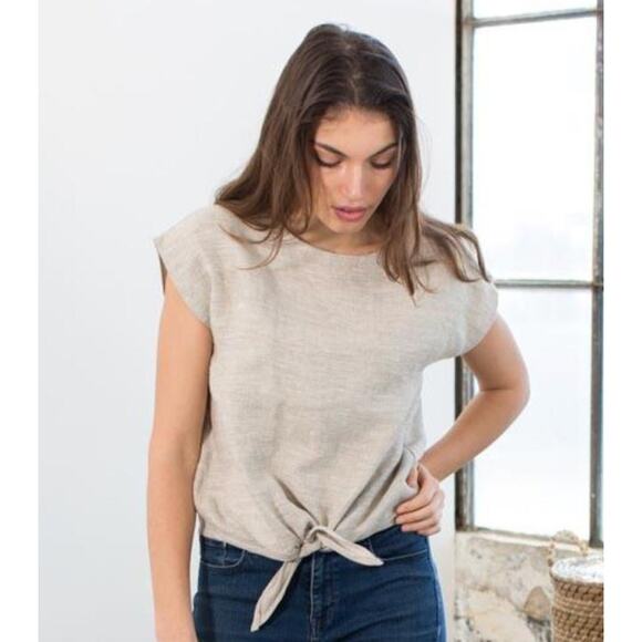 Only Child Luzon Line Tie Front Shirt in Beige Size Large - Picture 1 of 7